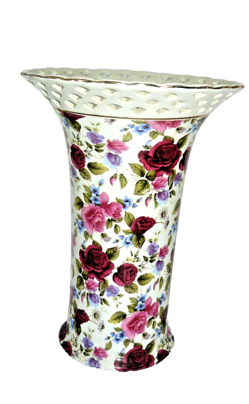 Floral Chintz Summer Rose Reticulated Vase Porcelain Vintage Baum Bros
